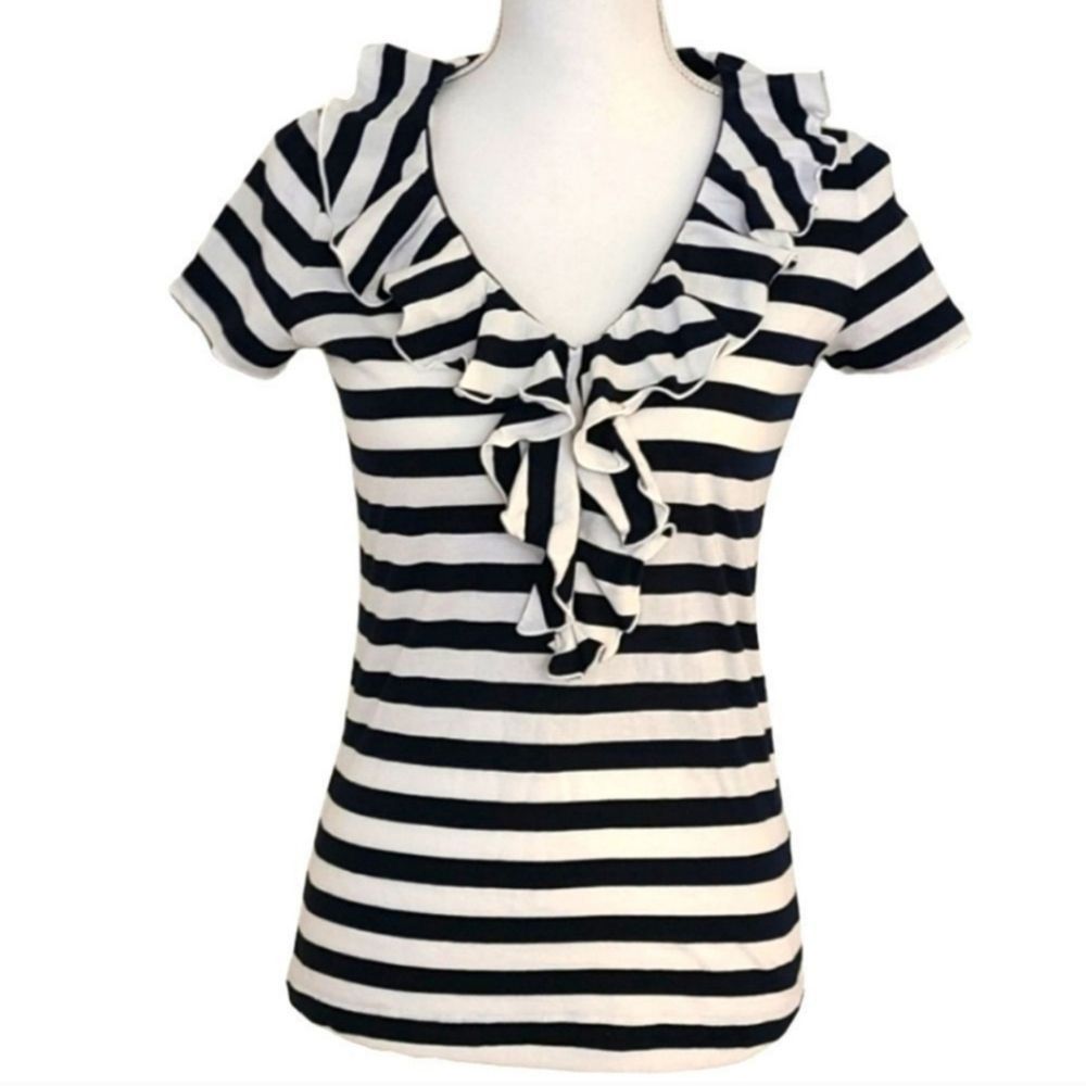 Ralph Lauren Navy & White Striped Ruffled Top
